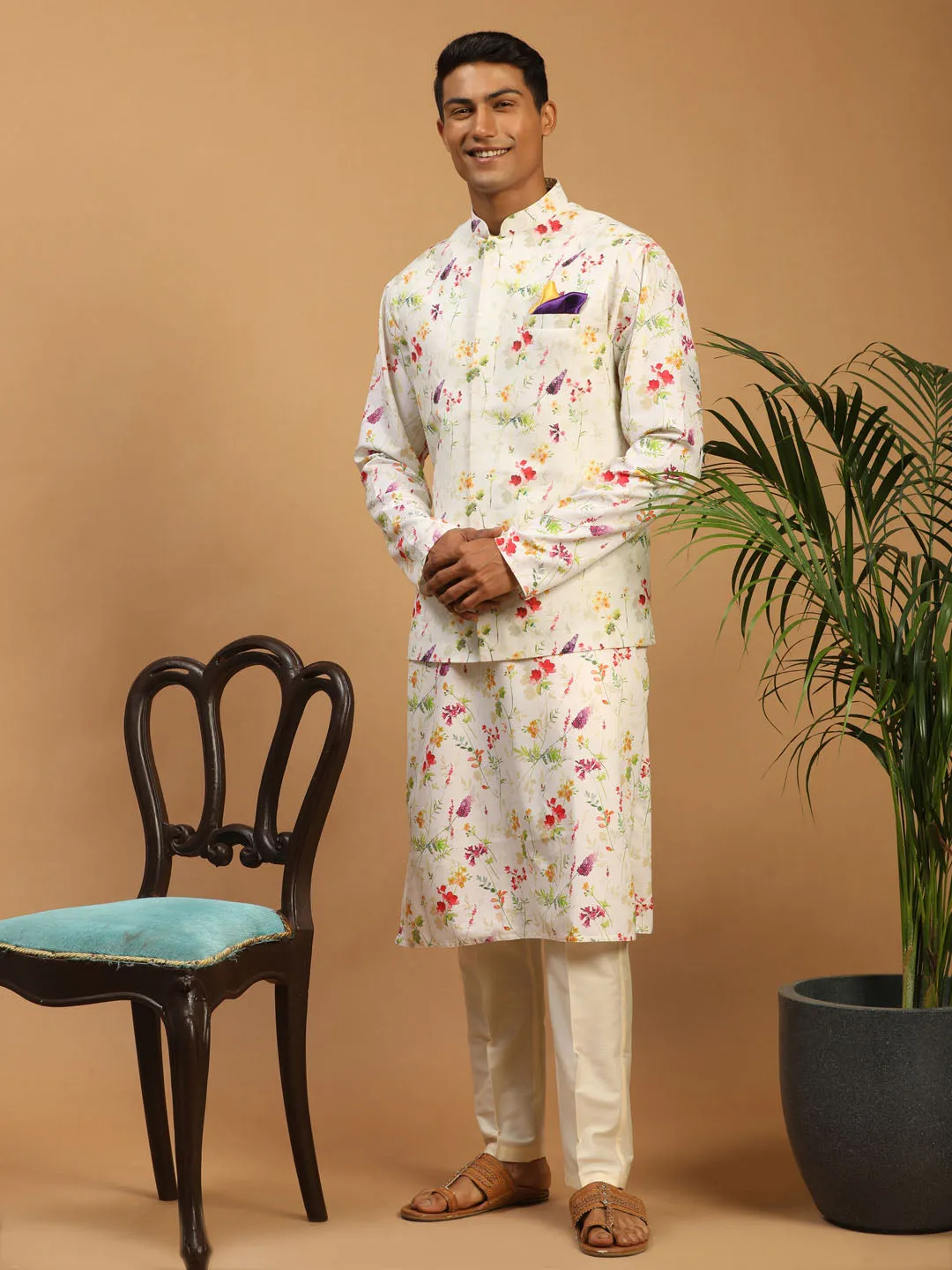 Jashvi Cream Printed Nehru Jacket And Multicolor-base Printed Kurta With Cream Viscose Stylish Pant Set