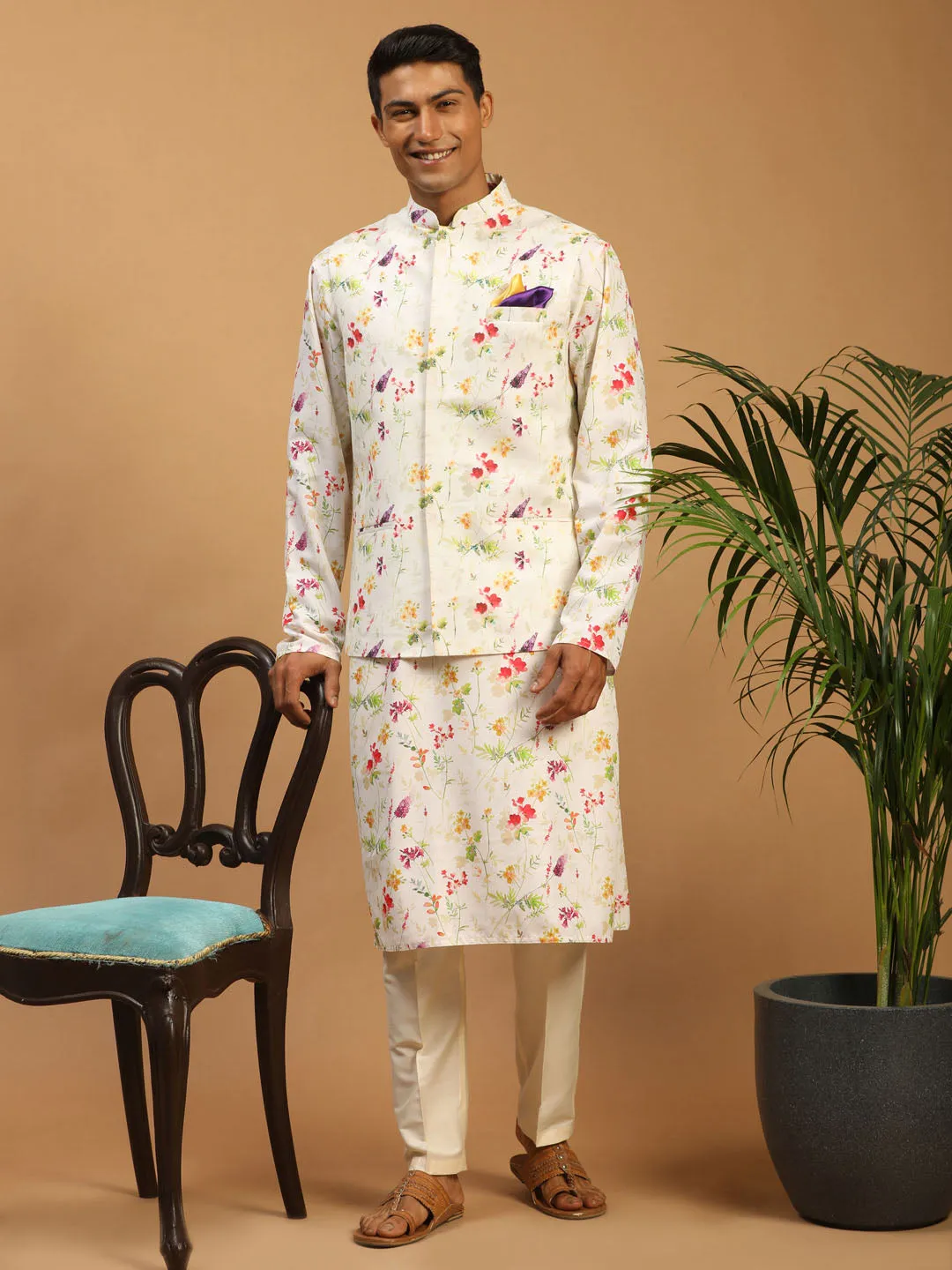 Jashvi Cream Printed Nehru Jacket And Multicolor-base Printed Kurta With Cream Viscose Stylish Pant Set