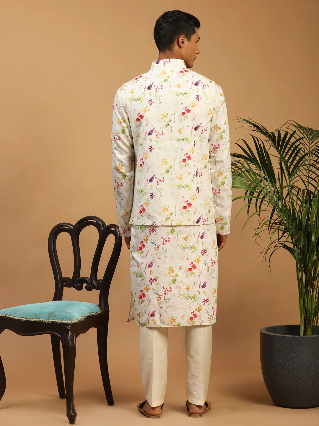 Jashvi Cream Printed Nehru Jacket And Multicolor-base Printed Kurta With Cream Viscose Stylish Pant Set