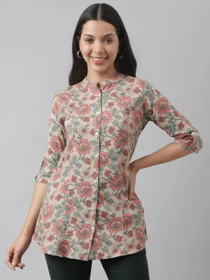 Jashvi Dark Beige Floral Printed Rayon A-line Shirt Style Top