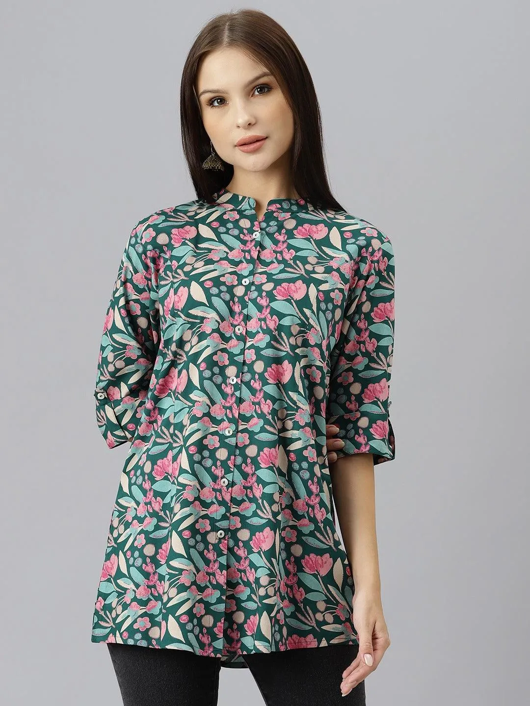 Jashvi Dark Green Floral Rayon A-line Shirts Style Top