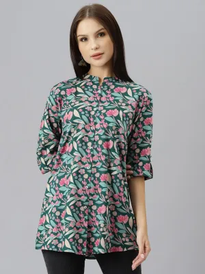 Jashvi Dark Green Floral Rayon A-line Shirts Style Top