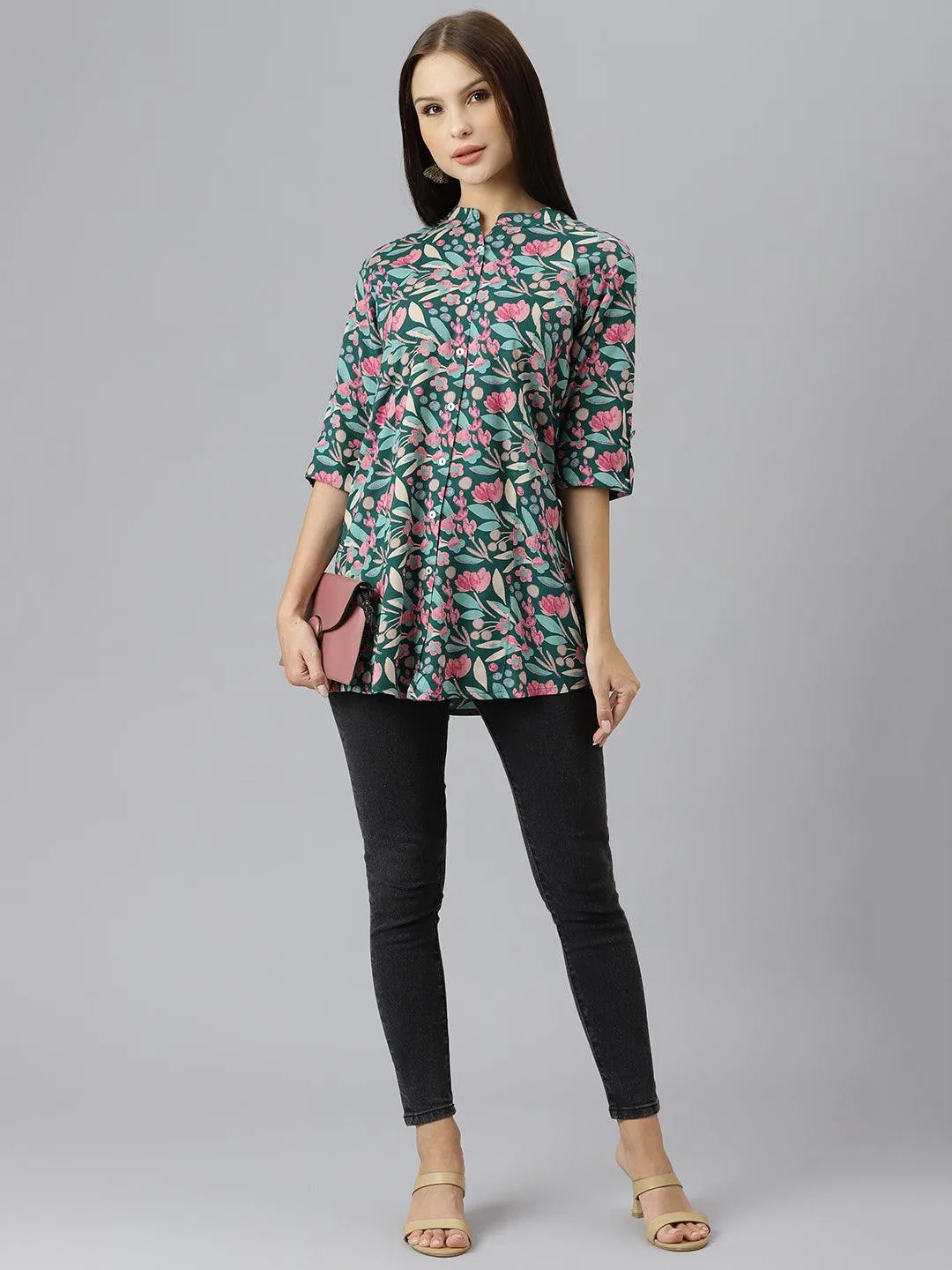 Jashvi Dark Green Floral Rayon A-line Shirts Style Top