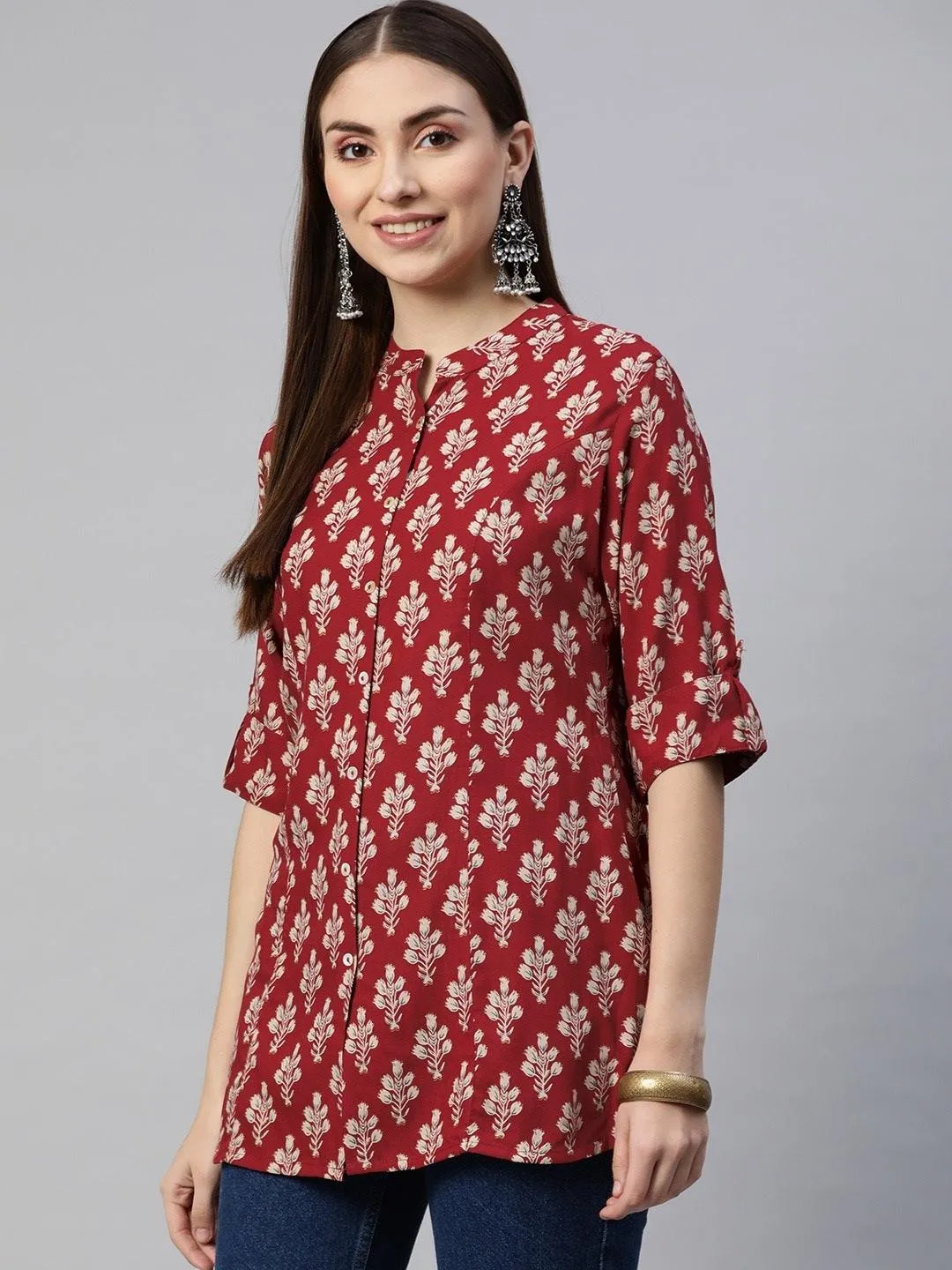 Jashvi Dark Maroon Floral Rayon A-line Shirts Style Top