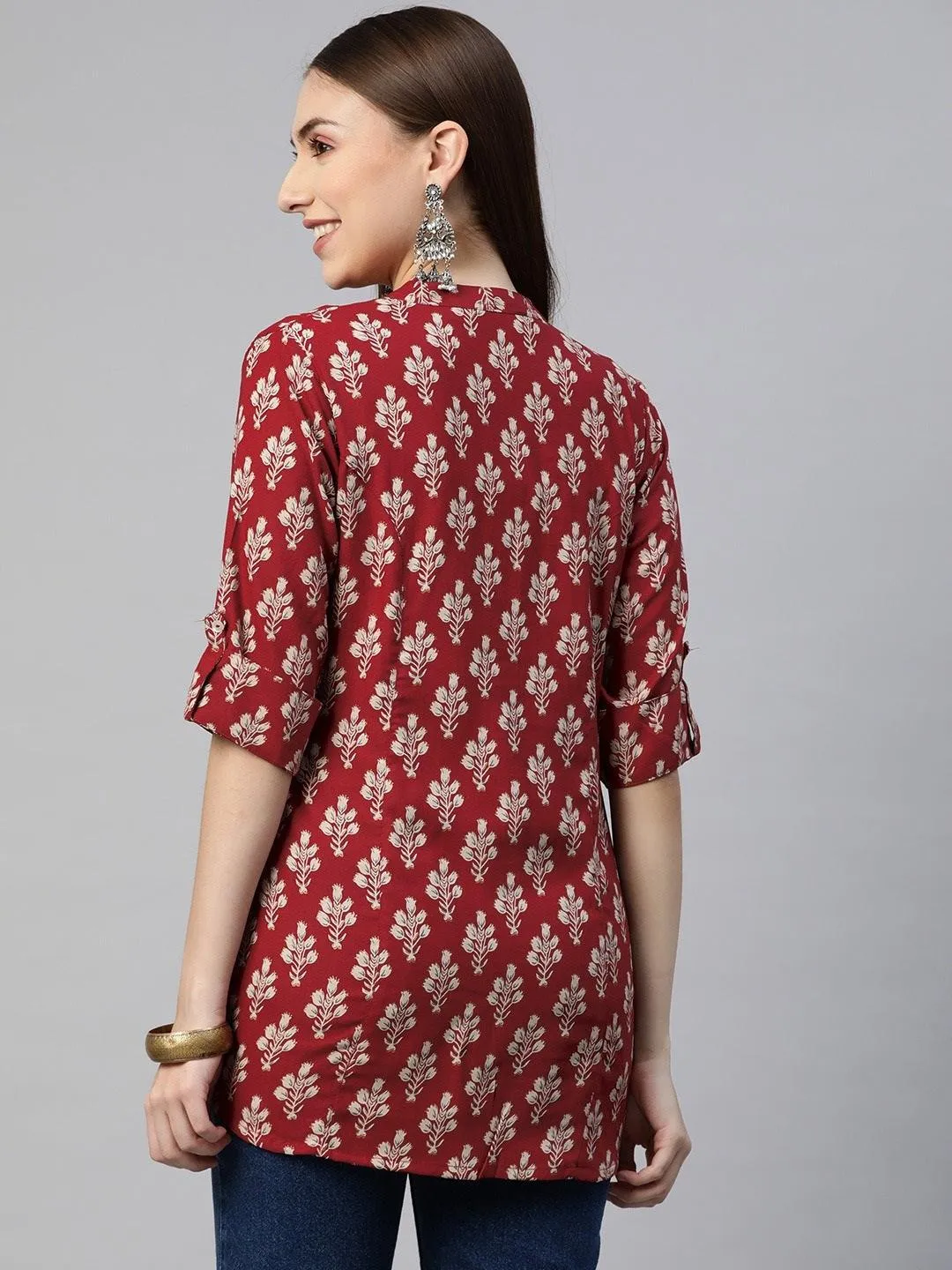 Jashvi Dark Maroon Floral Rayon A-line Shirts Style Top