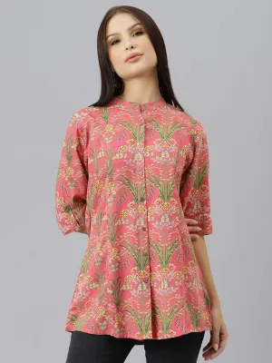 Jashvi Dark Pink Floral Rayon A-line Shirts Style Top