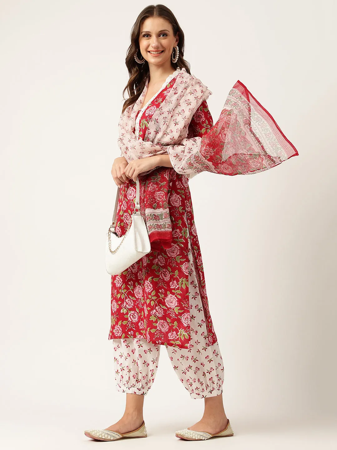 Jashvi Floral HandBlock Printed Kurta Trouser & Kota Dori Dupatta Set