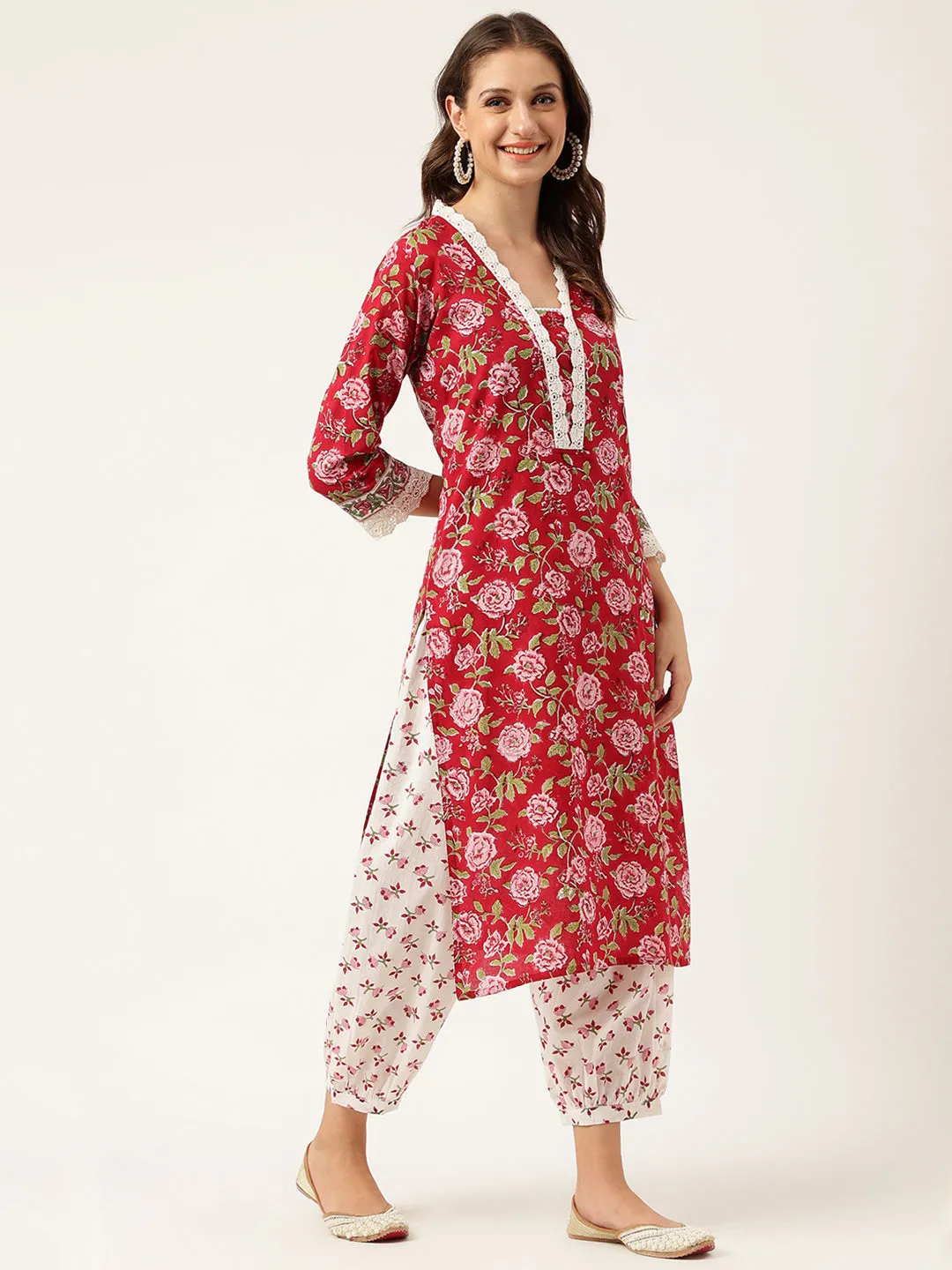 Jashvi Floral HandBlock Printed Kurta Trouser & Kota Dori Dupatta Set