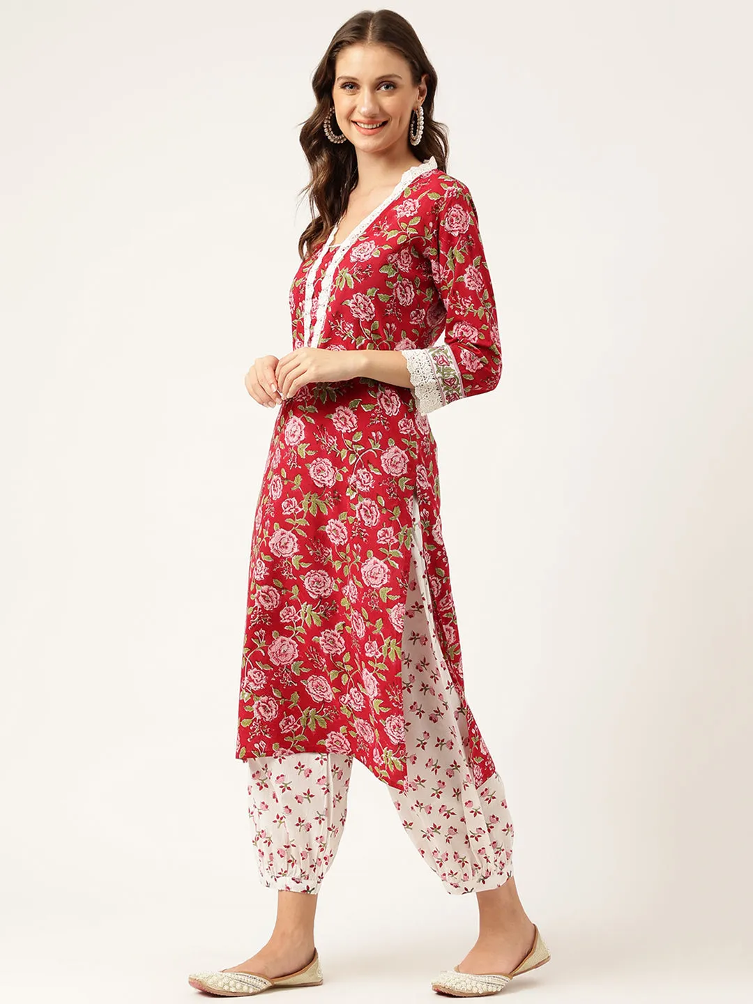 Jashvi Floral HandBlock Printed Kurta Trouser & Kota Dori Dupatta Set