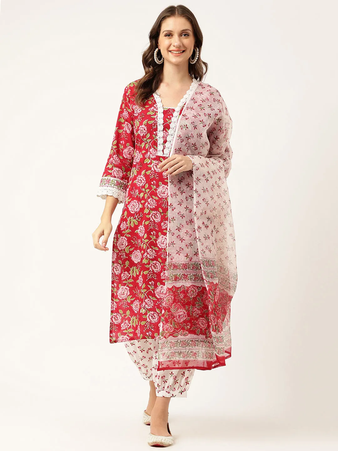 Jashvi Floral HandBlock Printed Kurta Trouser & Kota Dori Dupatta Set