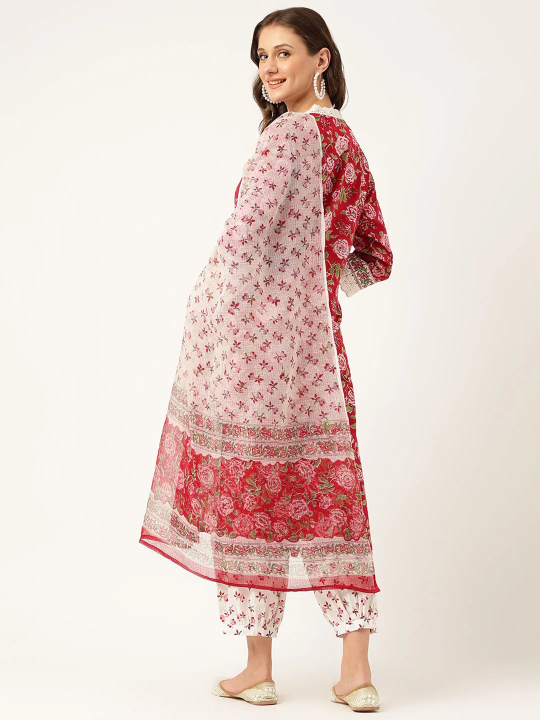 Jashvi Floral HandBlock Printed Kurta Trouser & Kota Dori Dupatta Set