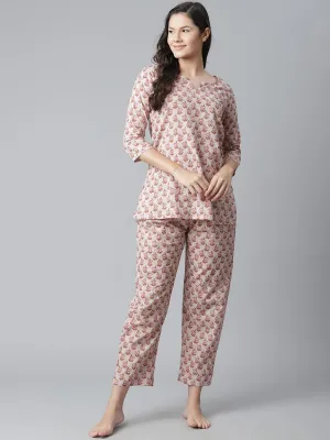 Jashvi  Floral Pink Motif Cotton Nightsuit