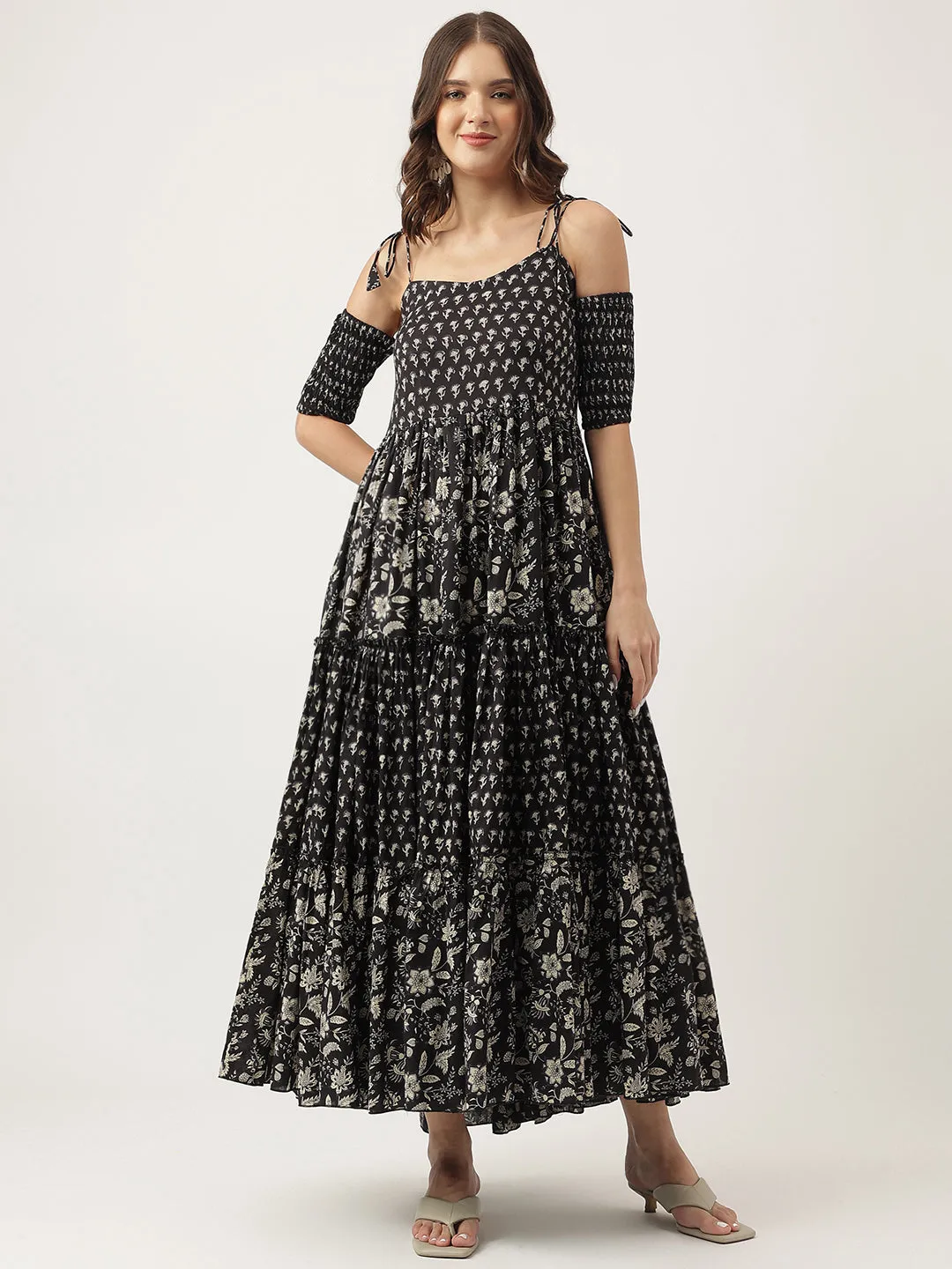 Jashvi Floral Printed Cotton Cold Shoulder Tiered Dress