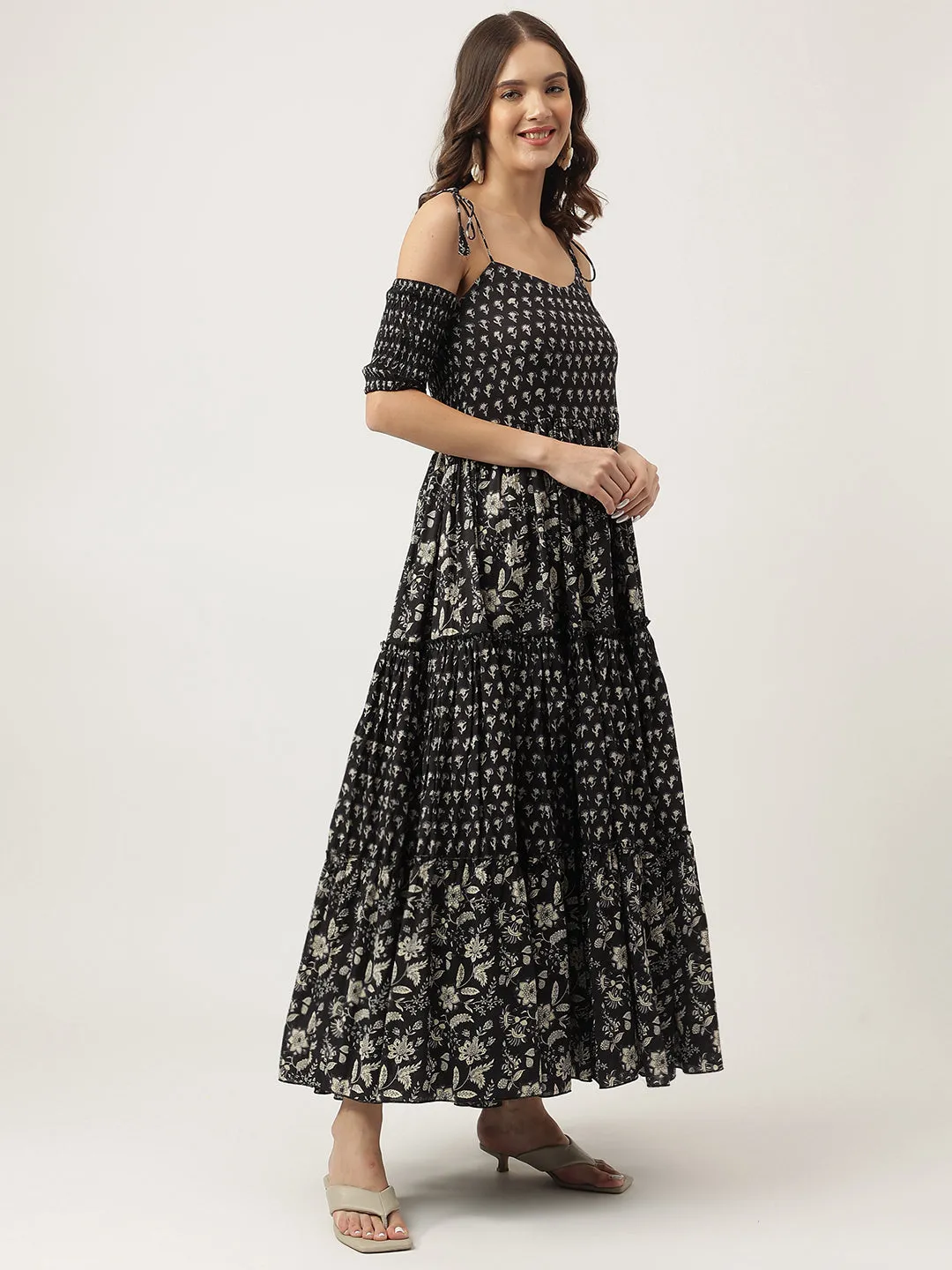 Jashvi Floral Printed Cotton Cold Shoulder Tiered Dress