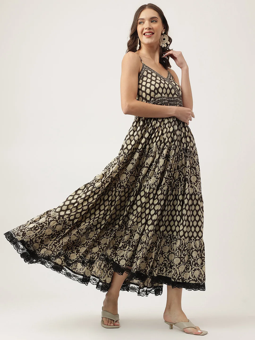 Jashvi Floral Printed Cotton Empire Black Dress for Women