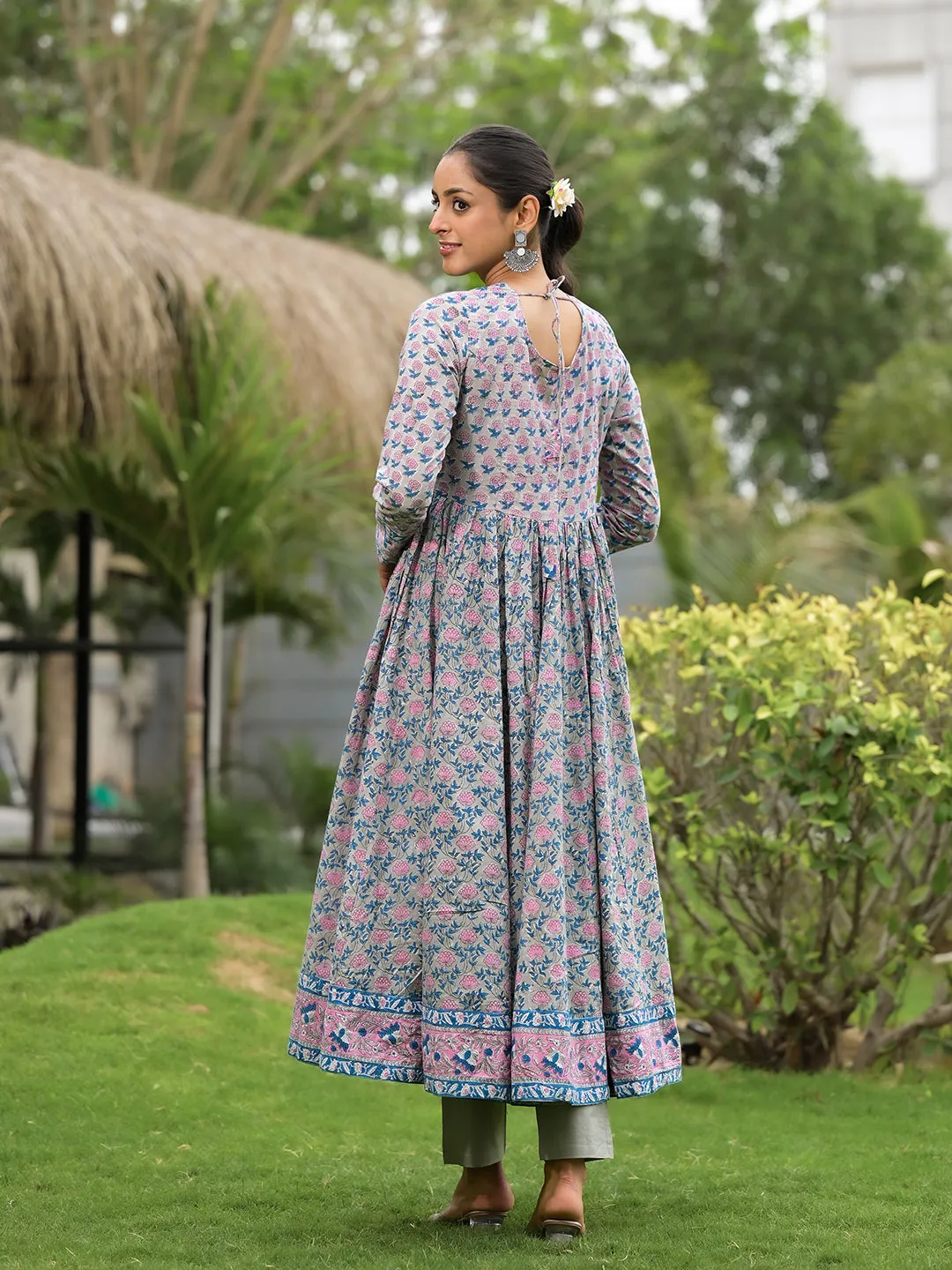 Jashvi Floral Printed Round Neck Pure Cotton Anarkali Kurta With Trousers & Dupatta