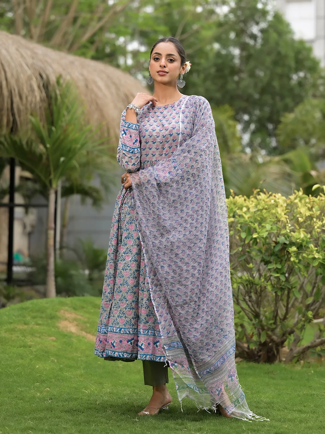 Jashvi Floral Printed Round Neck Pure Cotton Anarkali Kurta With Trousers & Dupatta