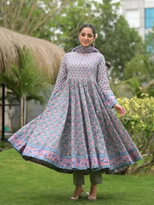 Jashvi Floral Printed Round Neck Pure Cotton Anarkali Kurta With Trousers & Dupatta