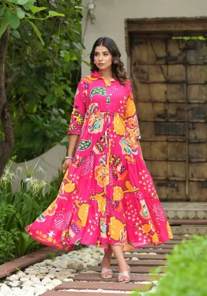 Jashvi Fuchsia Geometric Printed Cambric Dress With Buttons & Doris On Waist