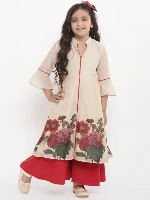 Jashvi Girls Beige Flower Printed Kurta With Red Palazzos