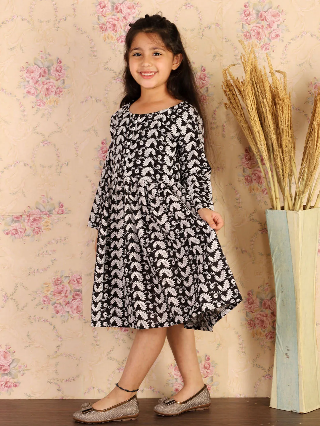 Jashvi Girl's Black Pure Cotton Chikankari Kurta