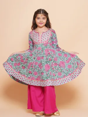 Jashvi Girls Blue Pink Printed Anarkali Kurta & Palazzos