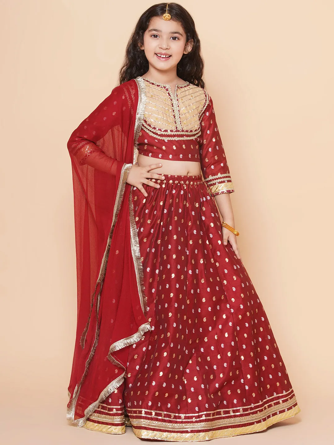 Jashvi Girls Maroon & Beige Jacquard booti Lace Work Choli Lehenga With Dupatta