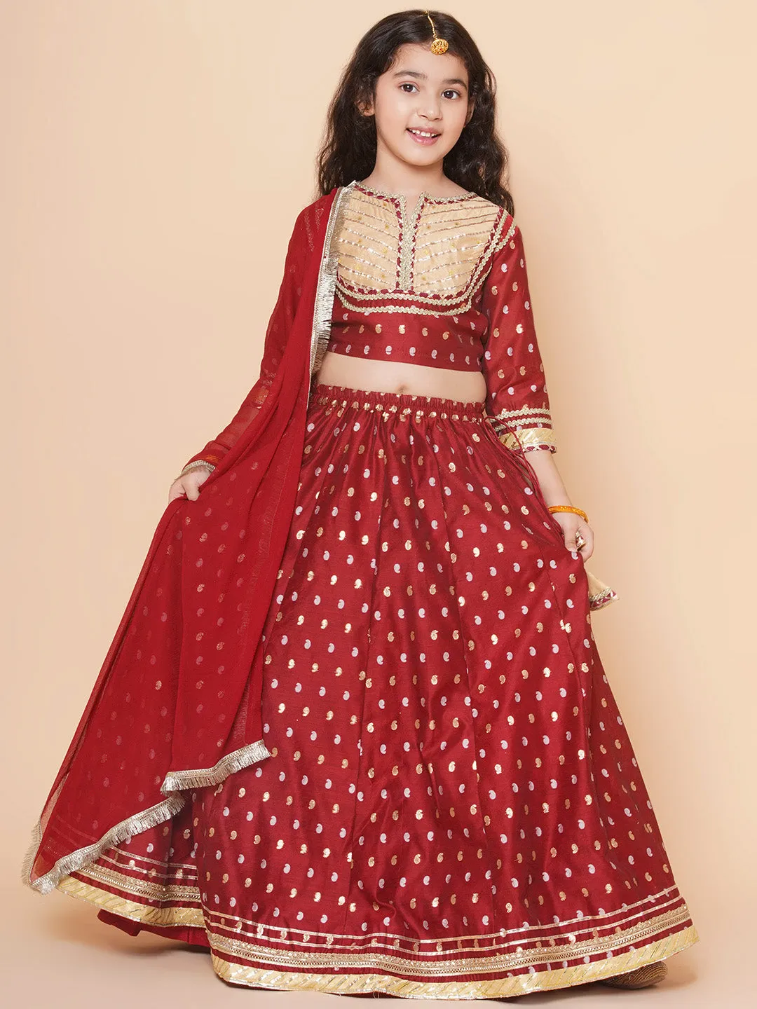 Jashvi Girls Maroon & Beige Jacquard booti Lace Work Choli Lehenga With Dupatta