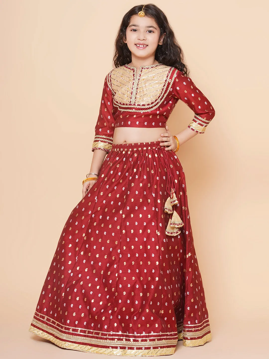 Jashvi Girls Maroon & Beige Jacquard booti Lace Work Choli Lehenga With Dupatta