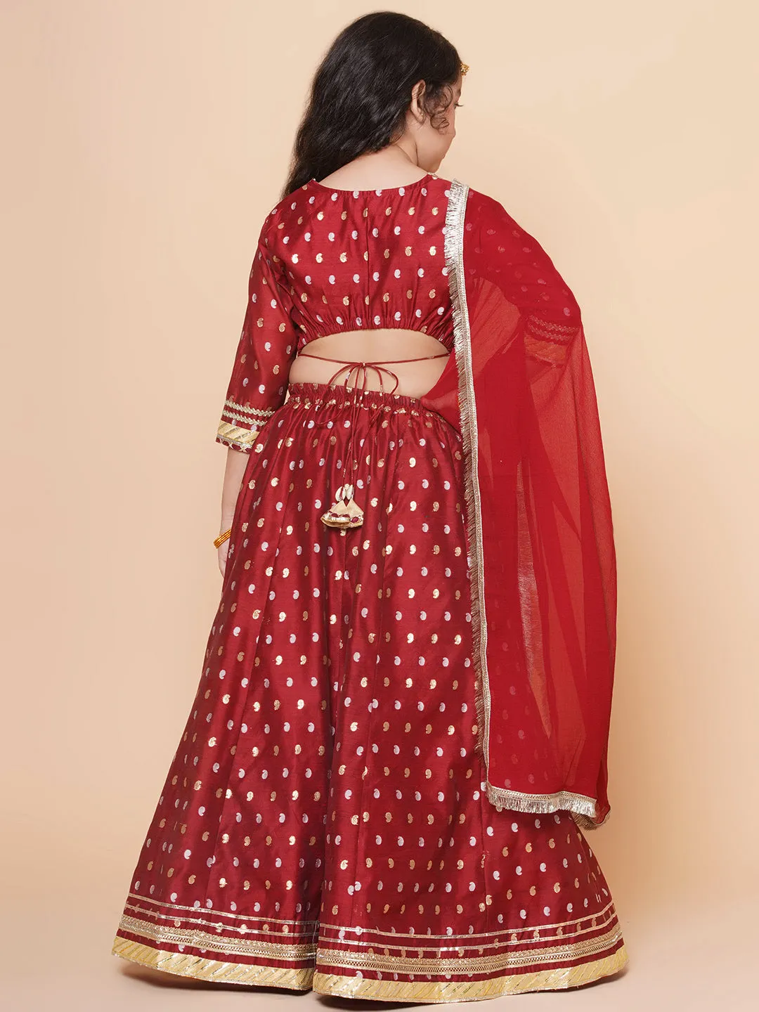 Jashvi Girls Maroon & Beige Jacquard booti Lace Work Choli Lehenga With Dupatta