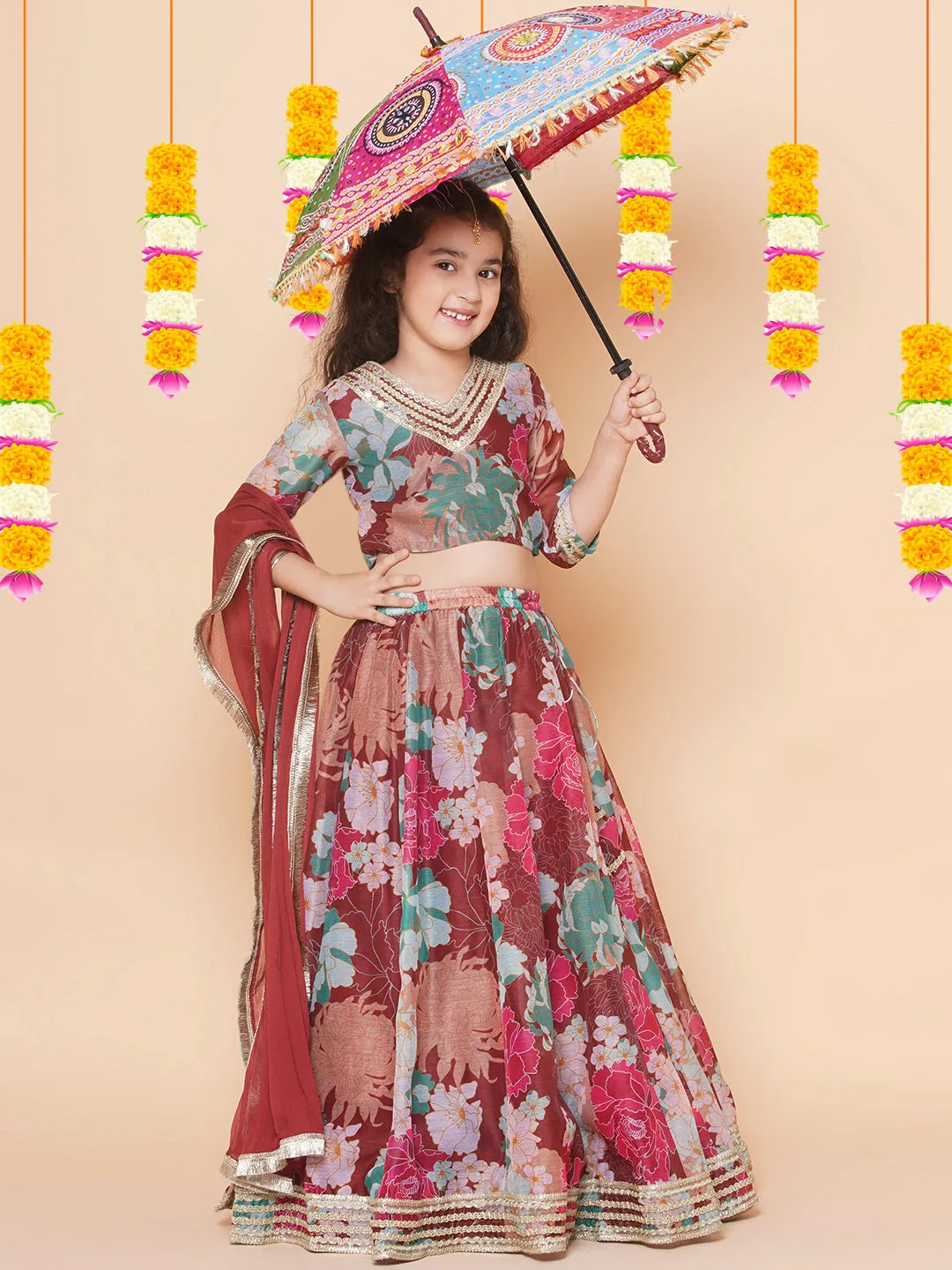 Jashvi Girls Maroon Digital Multi Flower Printed Choli Lehenga with Maroon Dupatta