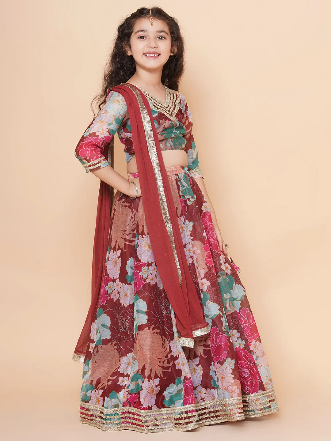 Jashvi Girls Maroon Digital Multi Flower Printed Choli Lehenga with Maroon Dupatta