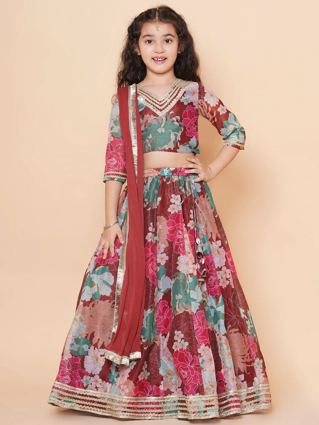 Jashvi Girls Maroon Digital Multi Flower Printed Choli Lehenga with Maroon Dupatta