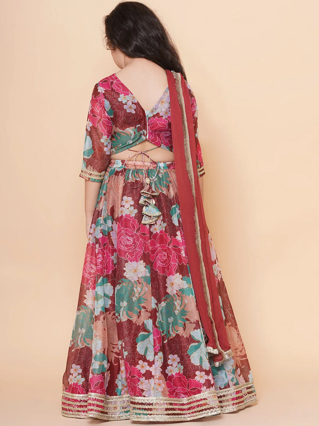 Jashvi Girls Maroon Digital Multi Flower Printed Choli Lehenga with Maroon Dupatta