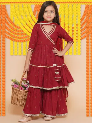 Jashvi Girls Maroon Ethnic Motifs Printed Angrakha Gotta Patti Kurta Sharara & Dupatta