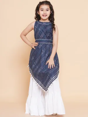 Jashvi Girls Navy Blue Printed With Lace Handkerchief Style Kurta With Sharara