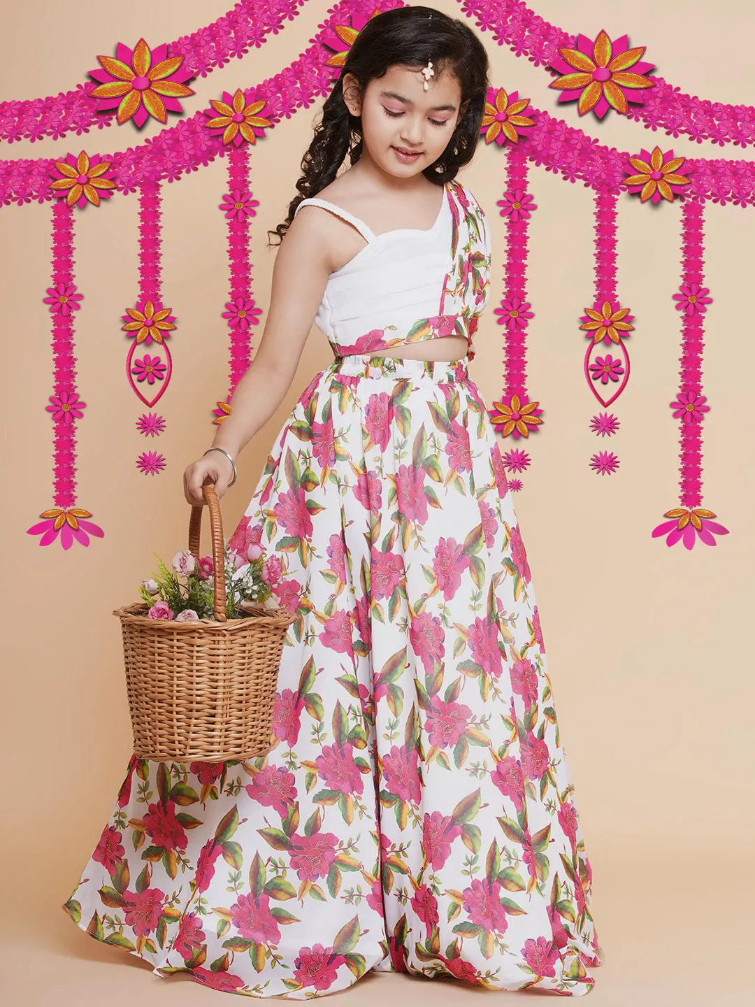 Jashvi Girls Off White Printed Georgette Lehenga With Choli.