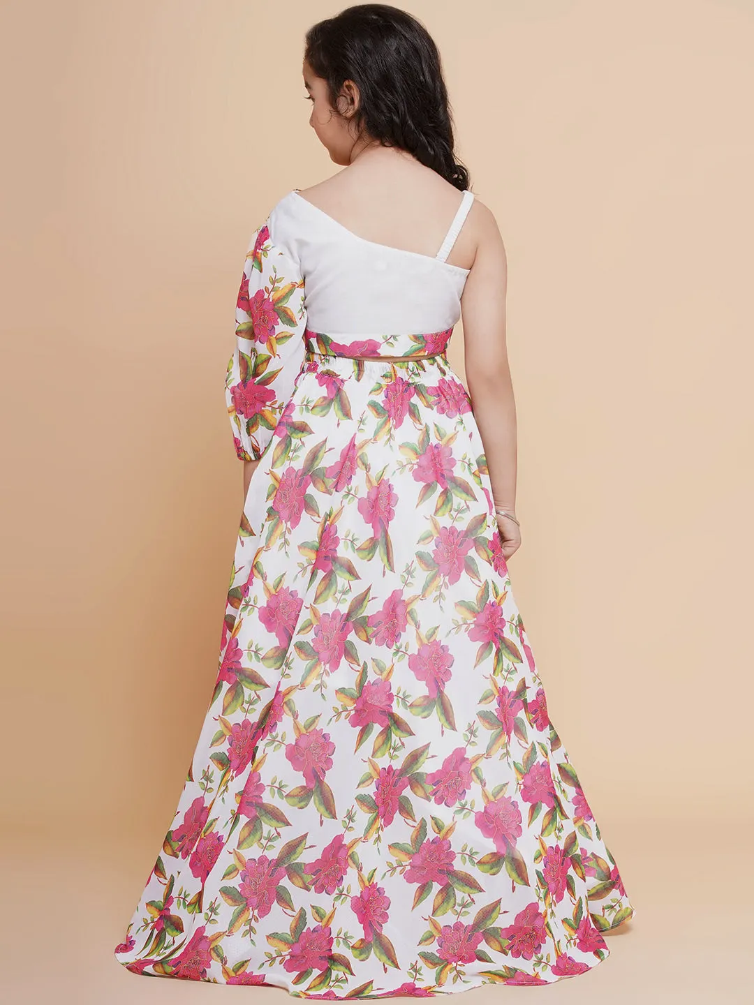 Jashvi Girls Off White Printed Georgette Lehenga With Choli.