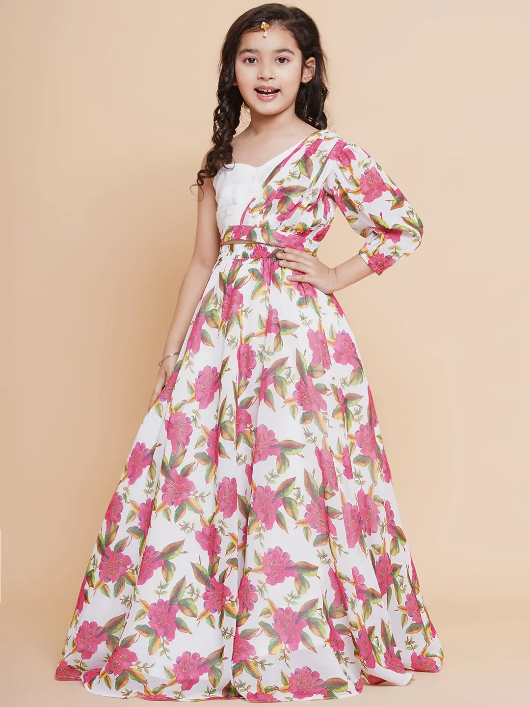 Jashvi Girls Off White Printed Georgette Lehenga With Choli.