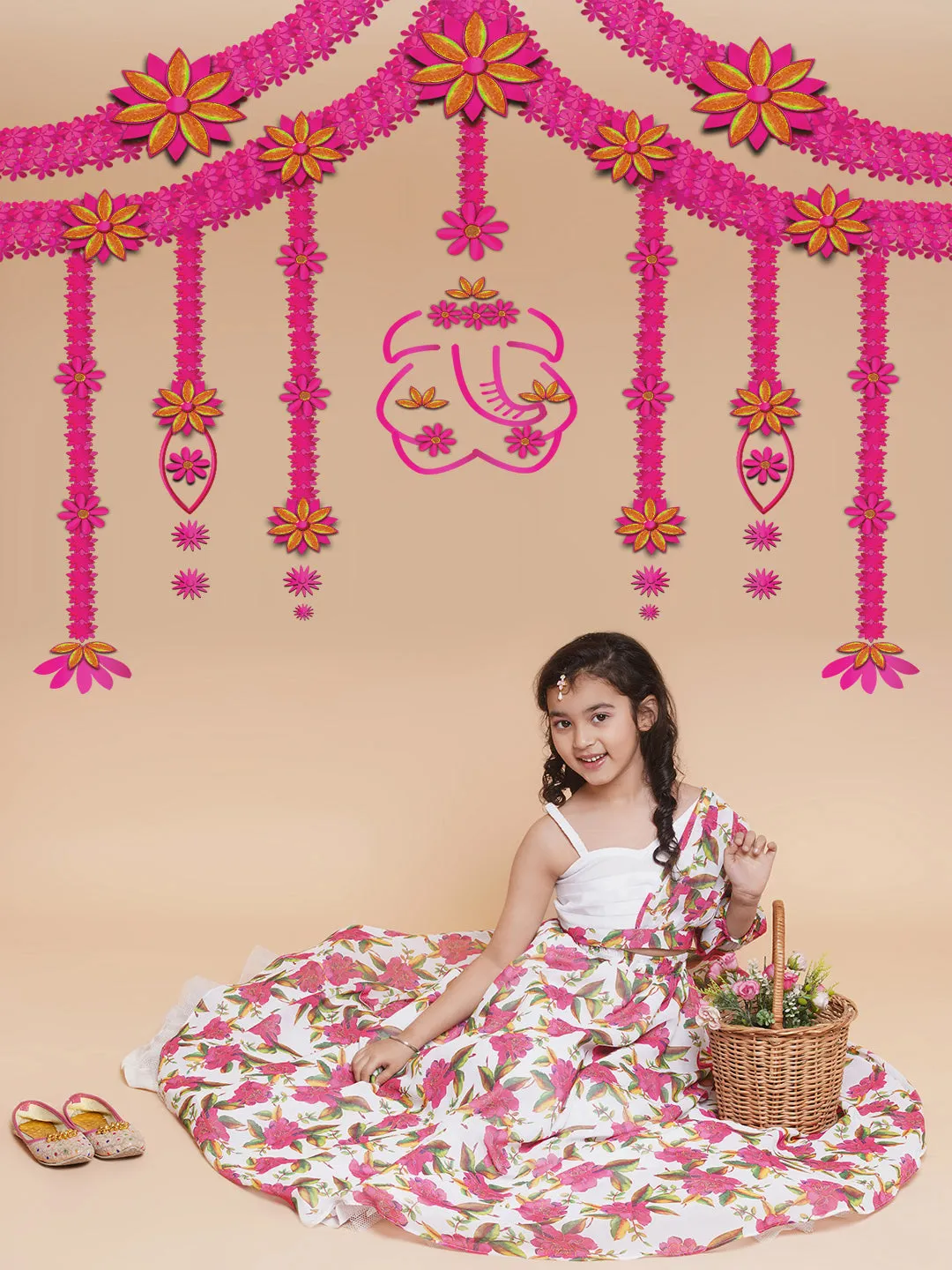 Jashvi Girls Off White Printed Georgette Lehenga With Choli.