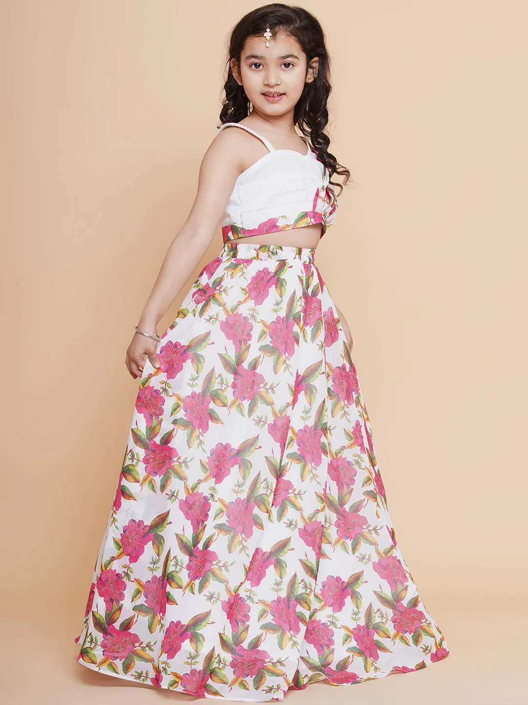 Jashvi Girls Off White Printed Georgette Lehenga With Choli.