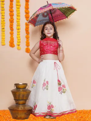 Jashvi Girls Peach embroidered choli & floral embroidered Design Lehenga With Dupatta