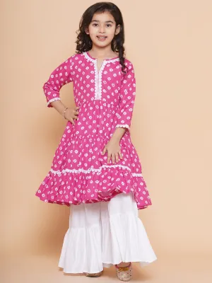 Jashvi Girls Pink Bandhani Printed With Cotton Flower Lace Kurta With Sharara