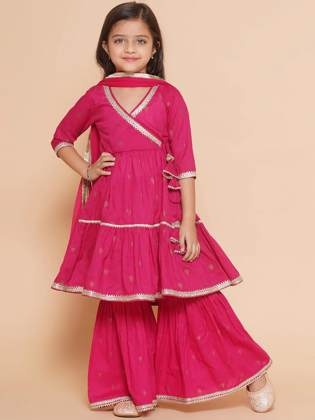 Jashvi Girls pink Ethnic Motifs Printed  Angrakha Gotta Patti Kurta With Sharara  & Dupatta