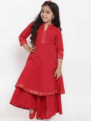 Jashvi Girls Red Pure Cotton Kurti with Palazzos