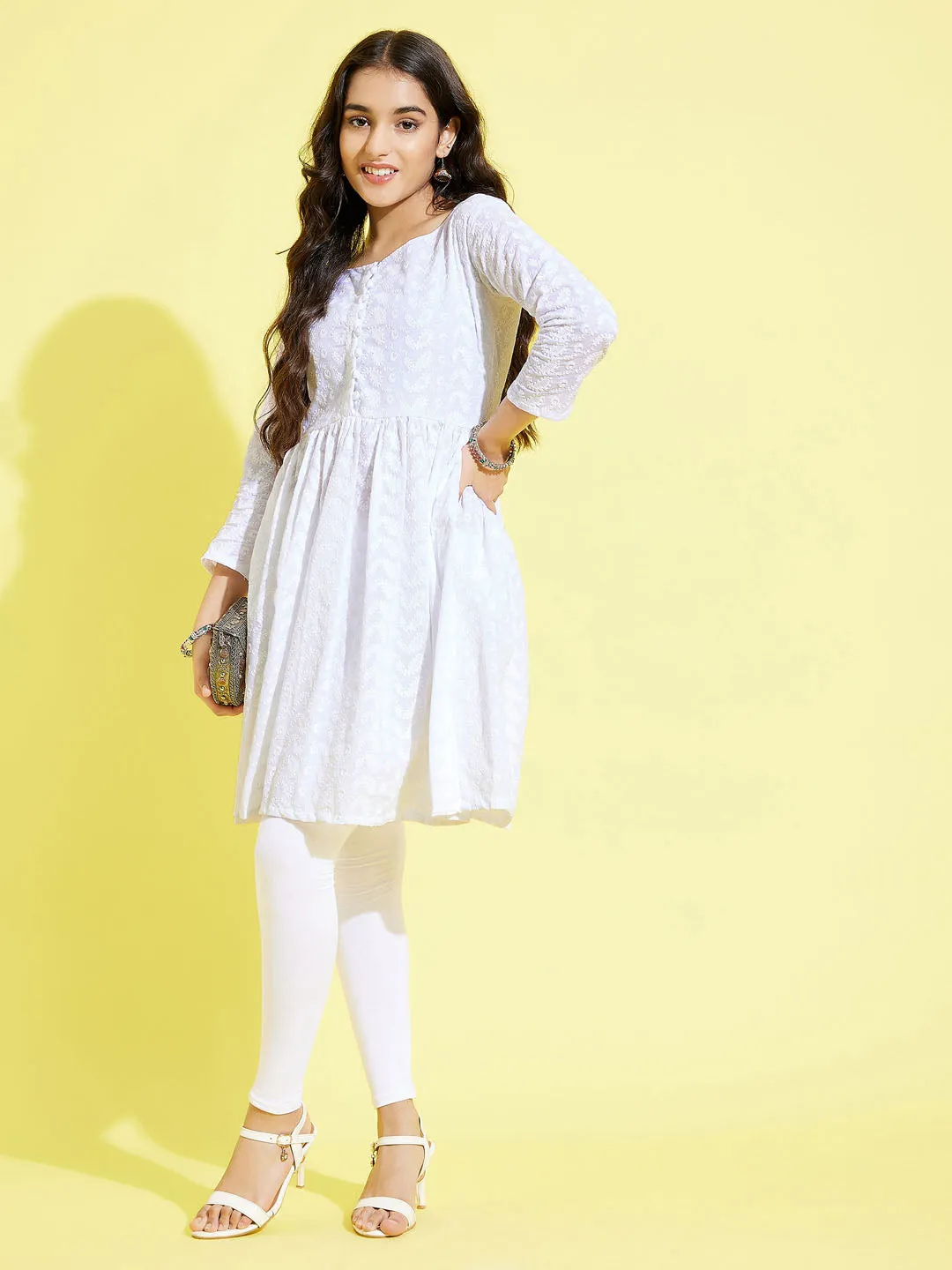 Jashvi Girl's White Pure Cotton Chikankari kurta With Leggings Set