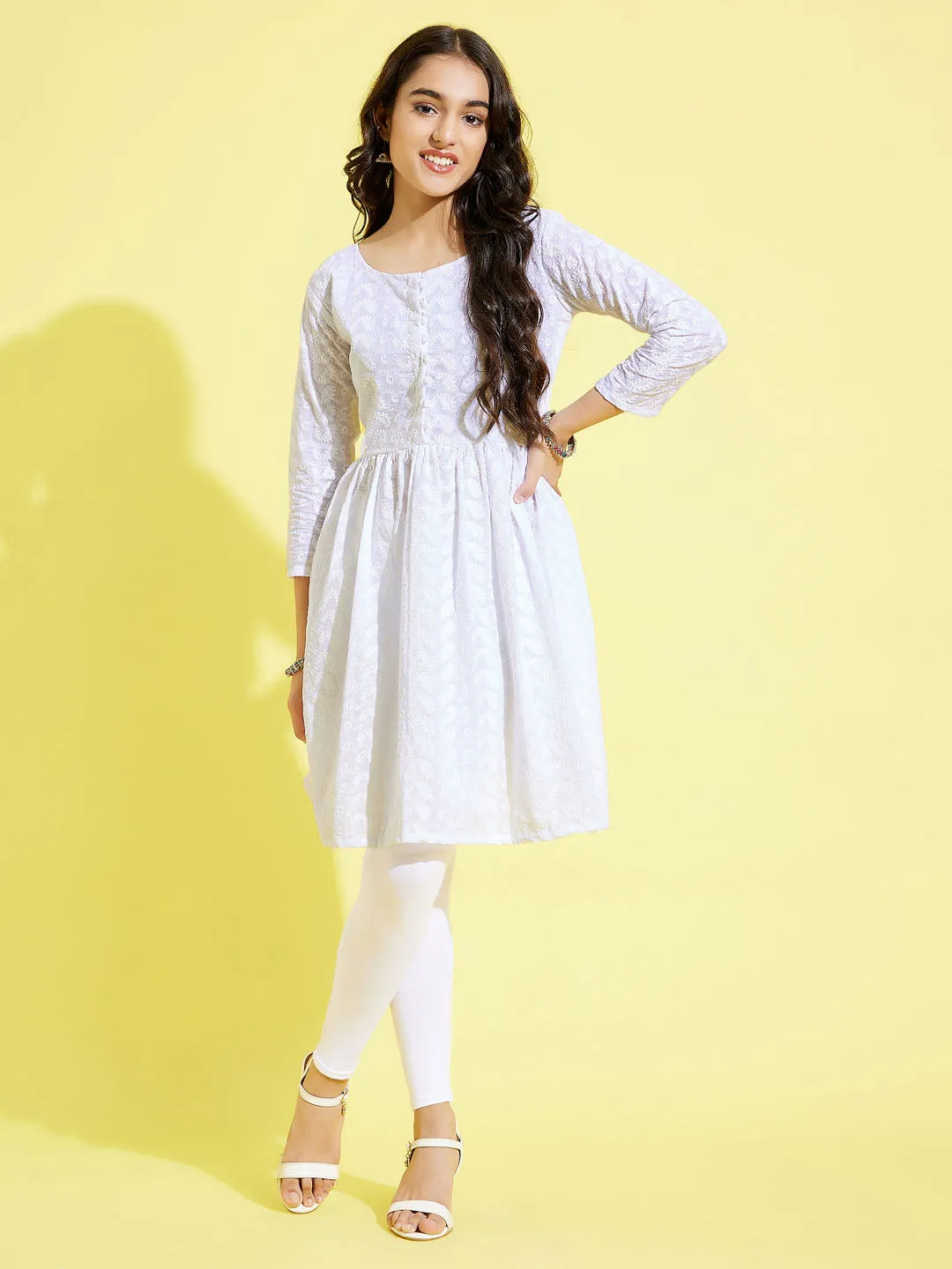 Jashvi Girl's White Pure Cotton Chikankari kurta With Leggings Set