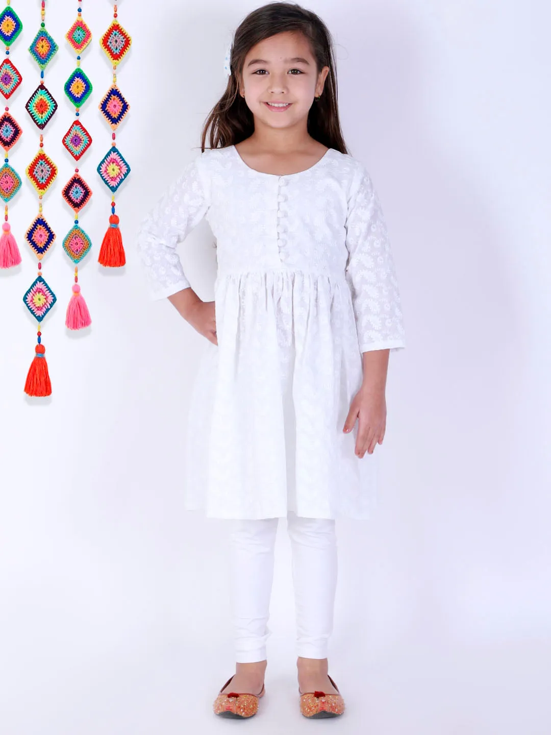 Jashvi Girl's White Pure Cotton Chikankari Kurta With Leggings