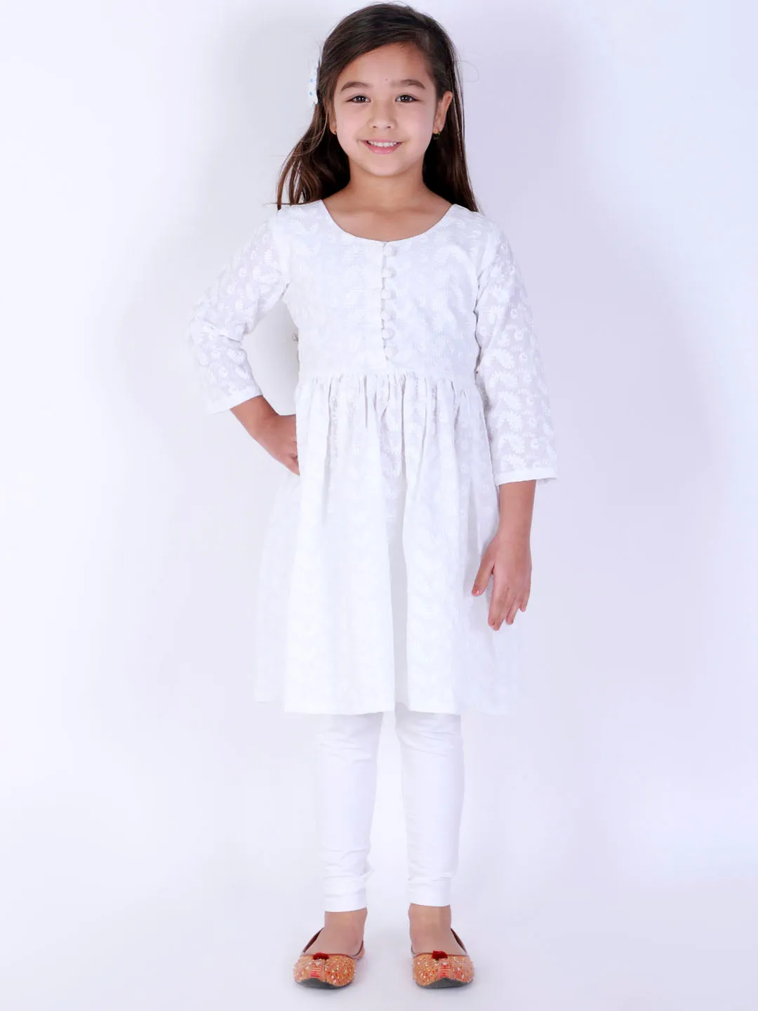 Jashvi Girl's White Pure Cotton Chikankari Kurta With Leggings