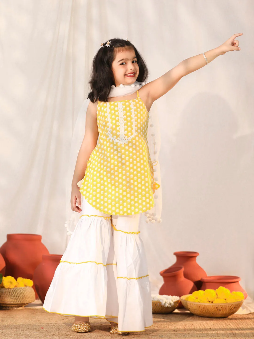 Jashvi Girls' Yellow and White Kurta, Sharara and Dupatta Set